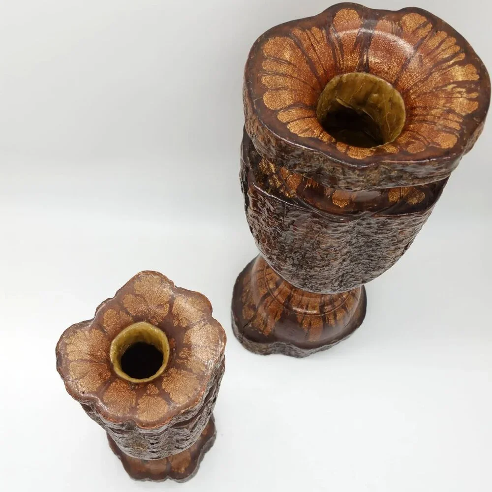 3 Vintage Chrysanthemum Wood Candle Stick Holders, Ikebana Vases, Decor